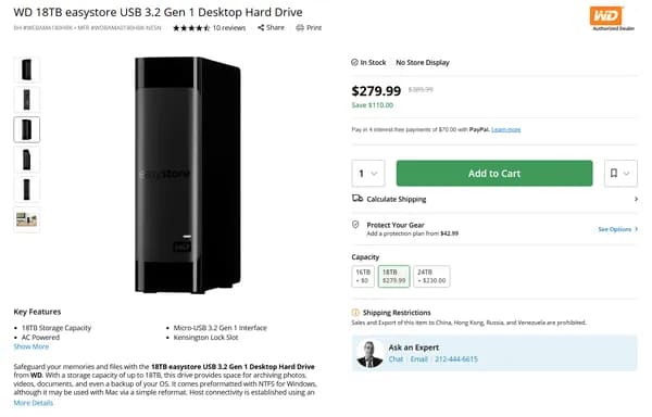 WD 18TB easystore USB 3.2 외장하드