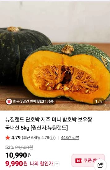 뉴질랜드 단호박 2kg (3,900원/네멤무배)