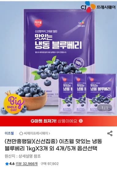 이츠웰 냉동 블루베리 1kg 3개