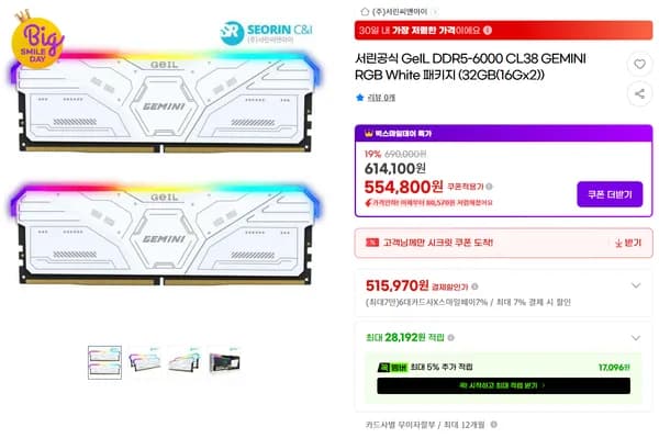 GeIL DDR5-6000 CL38 GEMINI RGB White 패키지 32GB(16Gx2)