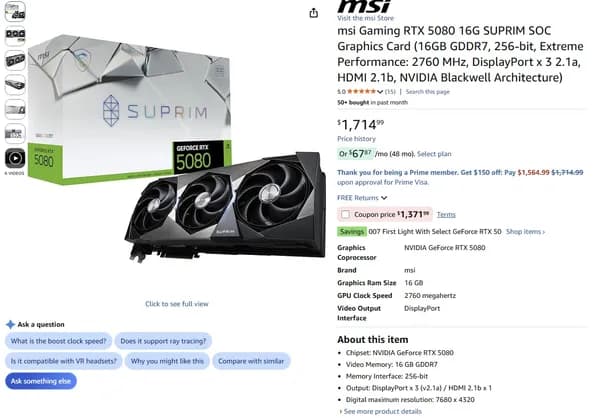 MSI Gaming RTX 5080 16G SUPRIM SOC