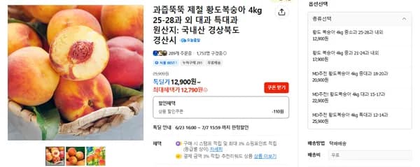 제철 황도복숭아 4kg 25-28과 외 1개