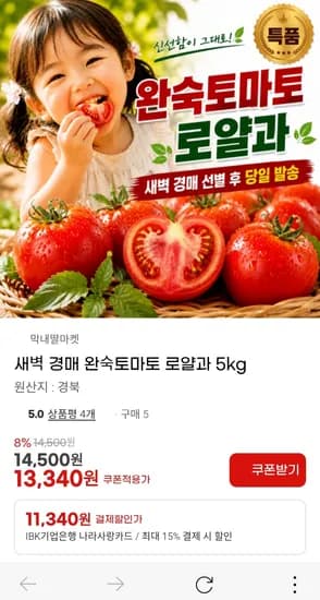 새벽 경매 특품 완숙 토마토 핫딜5kg (13,340/무배)