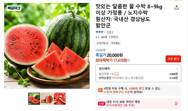 가정용 꿀수박 8~9kg (16,760원 / 무배)
