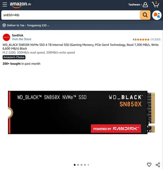 WD_BLACK SN850X NVMe SSD 4TB (관부가세 포함 약 73만원)