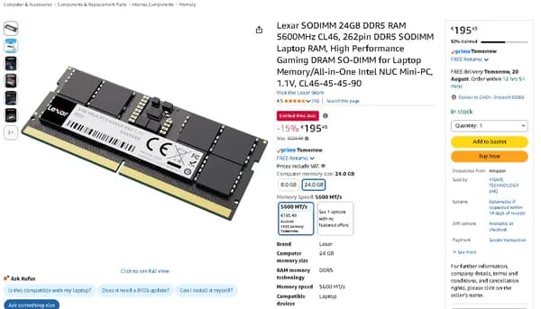 Lexar SODIMM 24GB DDR5 RAM 5600MHz CL46