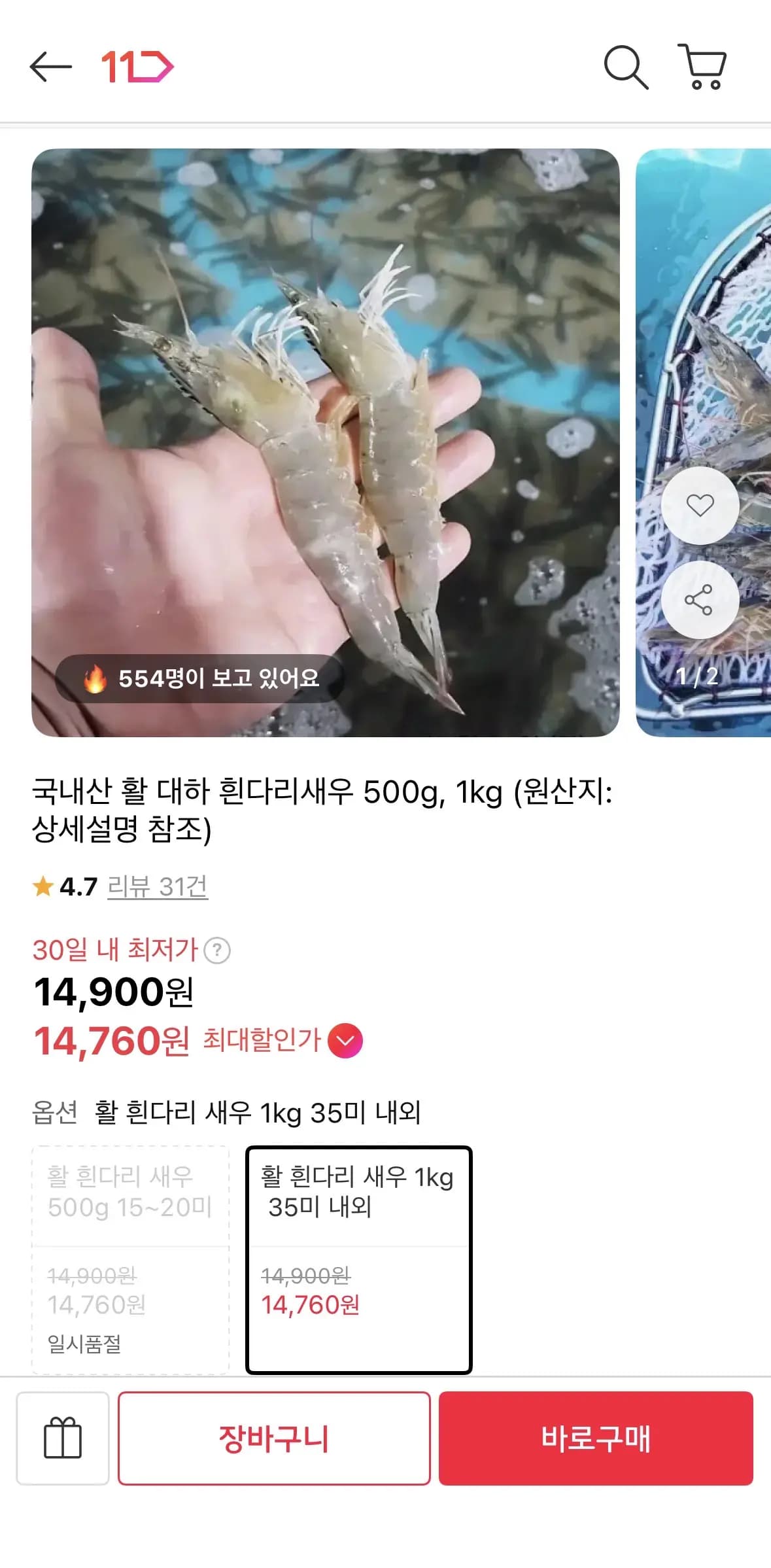 국내산 활 대하 흰다리새우 500g, 1kg 무배