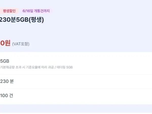 평생 요금제 5GB 230분 100건 110원