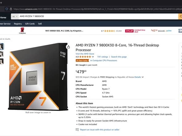 AMD RYZEN 7 9800X3D / $479.00