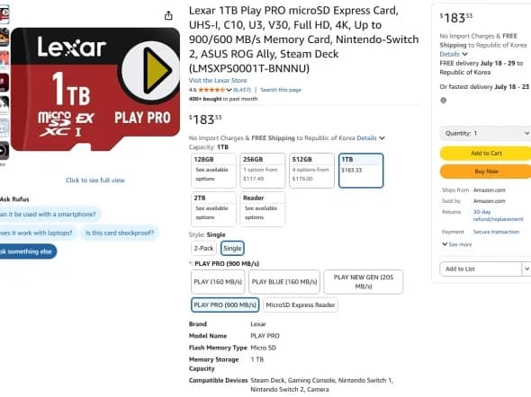 Lexar microSD ex 1Tb / 183달러 (25만원)