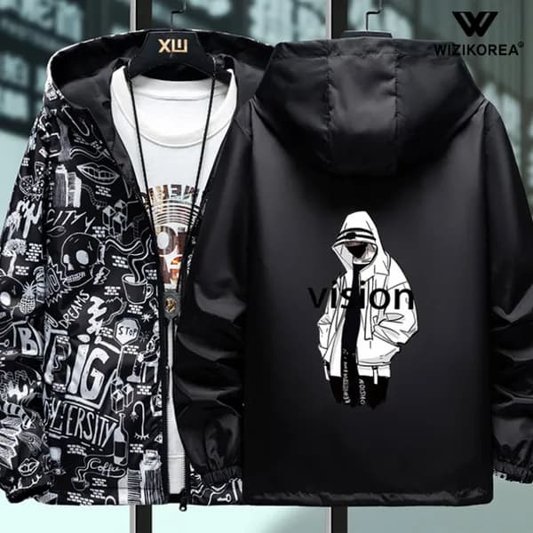 WIZI KOREA 남성 후드 양면 바람막이 점퍼 WI206J 블랙 105
