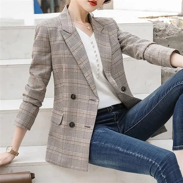 여성 베이직 체크 더블 자켓 66 1개 32,500원