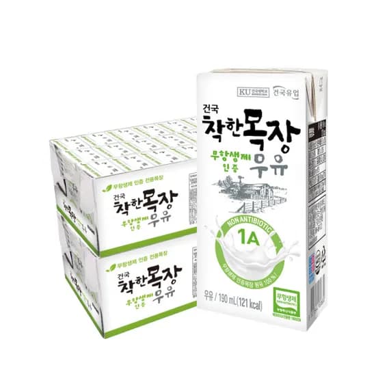 건국유업 착한목장, 무항생제 우유, 190ml, 48개