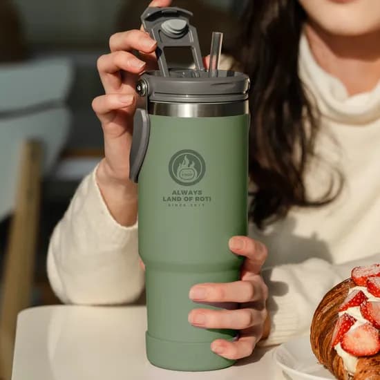 로티캠프 대용량 손잡이 텀블러 스텐 빨대 보온 보냉, 포레스트그린, 900ml, 1개