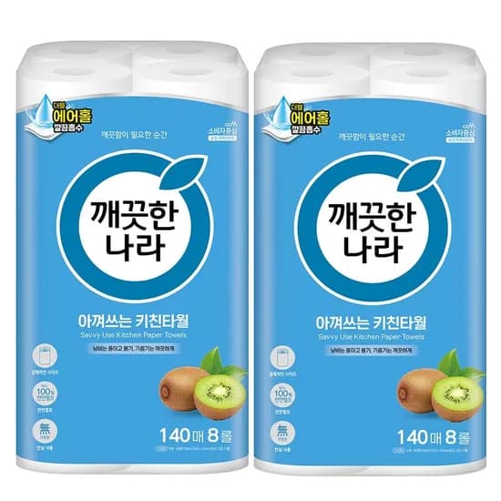 깨끗한나라 아껴쓰는 키친타월, 140매, 8롤, 2팩