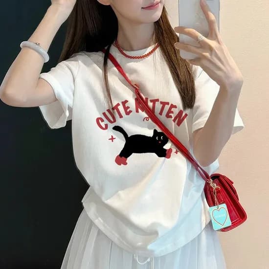 허블리 캐주얼 프린팅 면 티셔츠 큐티캣 XL 1개
