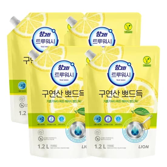 참그린 트루워시 구연산 뽀드득 주방세제 리필 레몬 1.2L 4개