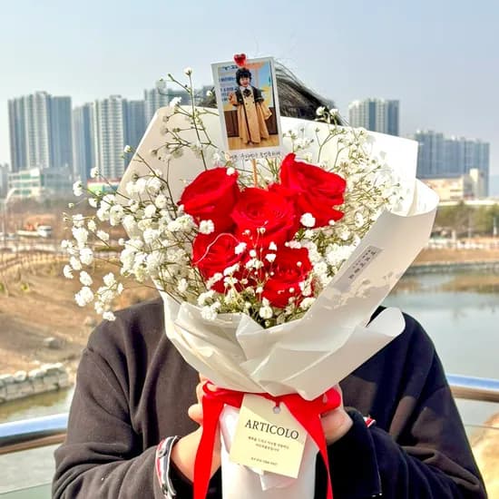 아르띠콜로 신선보장 주말배송 장미꽃 생화 LED 안개꽃다발 포토카드 세트, 레드장미, 5송이, 1개