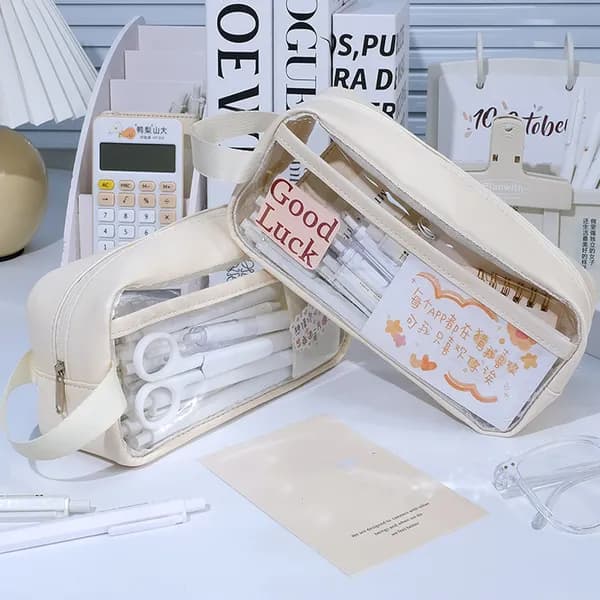 투명 PVC 대용량 지퍼 파우치 필통 핑크 1개