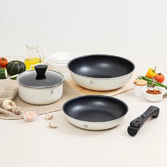 냄비 후라이팬 궁중팬 유리뚜껑 손잡이 올인원 세트, 화이트, 18cm, 24cm, 28cm, 5종, 1세트