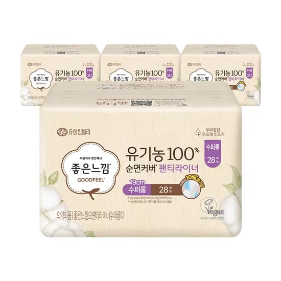 좋은느낌 유기농 순면커버 팬티라이너, 수퍼롱, 19cm, 28개입, 4팩