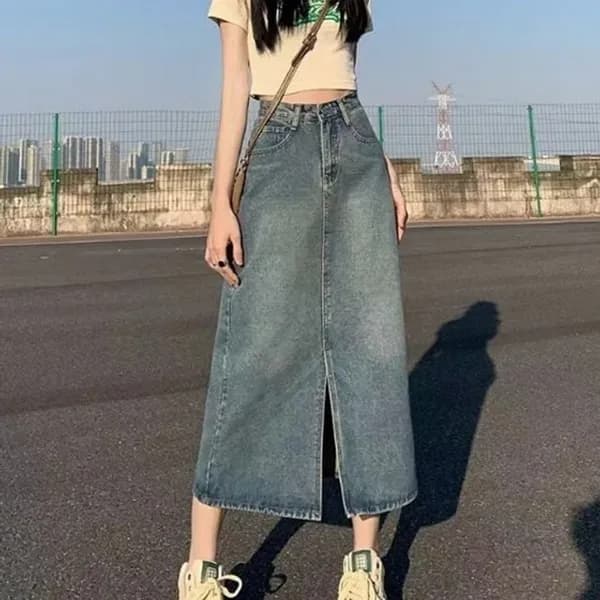 밑단 트임 롱 데님 스커트 블랙 M 15,500원