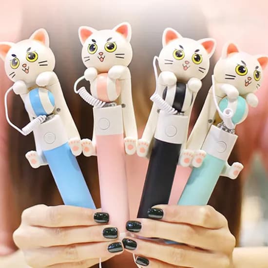 고양이 셀카봉, 7단계, 차량 버튼 고리 거치용, 미니, 원터치, 유선, 블랙, 1개