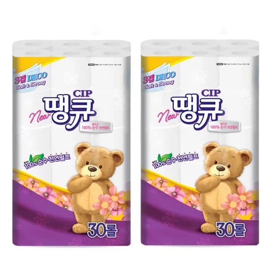 New 땡큐 3겹 천연펄프 롤화장지, 14m, 30롤, 2팩