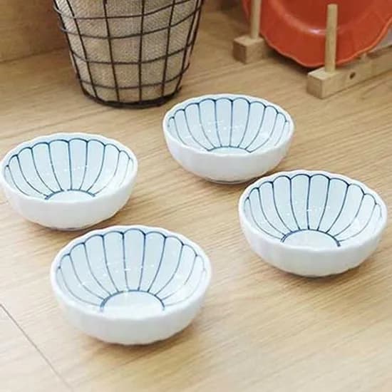 밥그릇 로터스 도자기 볼 4P세트, 화이트&블루, 4개