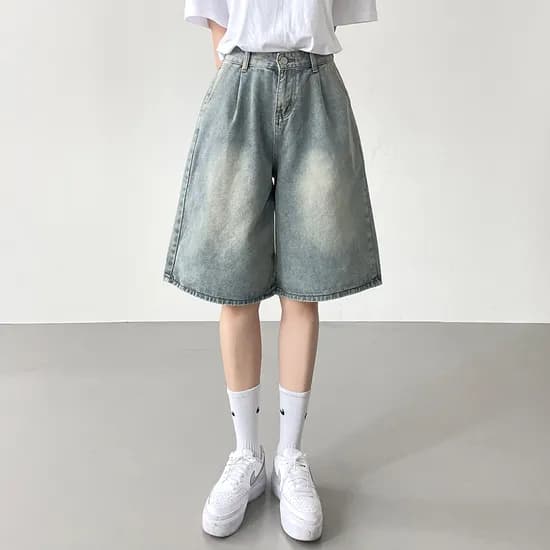 5부 비조버튼 핀턱 와이드 데님 팬츠, 블루, L