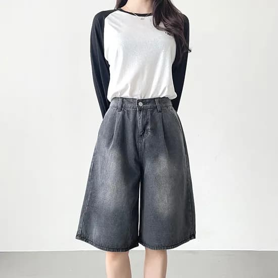 5부 비조버튼 핀턱 와이드 데님 팬츠, 흑청, M