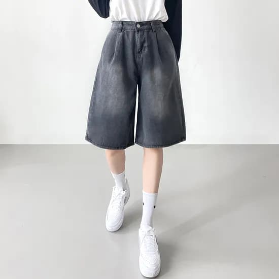 5부 비조버튼 핀턱 와이드 데님 팬츠, 흑청, L