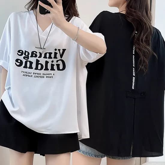 오버핏 브이넥 뒷트임 프린팅 티셔츠, 화이트 1개 + 블랙 1개, FREE, 2개