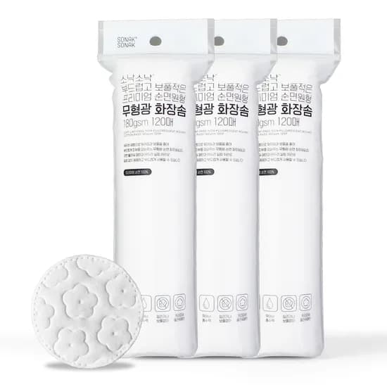 소낙소낙 순면원형 화장솜, 무형광, 180gsm, 120매입, 3개