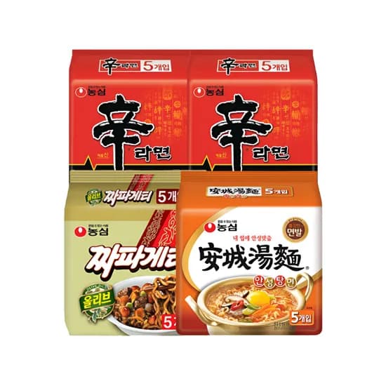 농심, 신라면, 120g, 10개 + 안성탕면, 125g, 5개 + 짜파게티, 140g, 5개