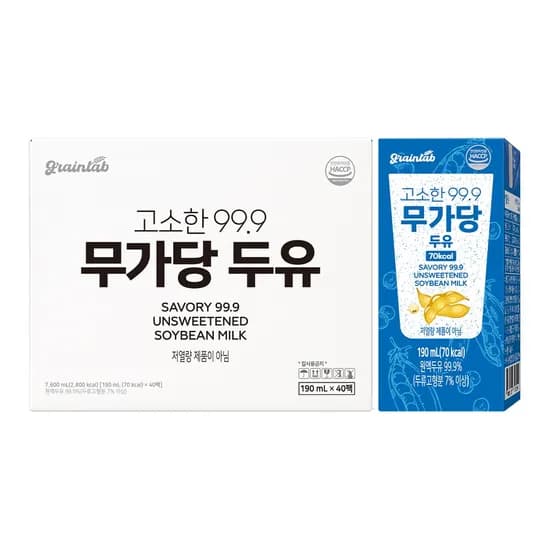 그레인랩 고소한 99.9 무가당 두유, 190ml, 40팩, 1박스