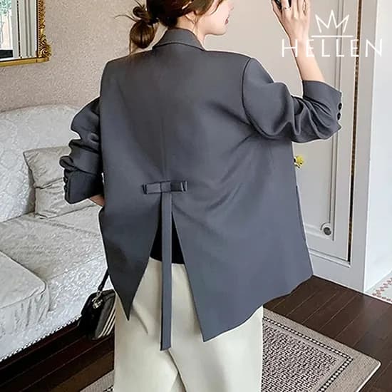 헬렌 간절기 자켓 백 리본 등 트임 포인트 여성 블레이저 아우터 하객룩 출근룩 블리본자켓 B-616 그레이 FREE(L) 1개