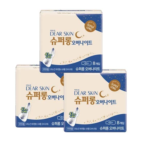 깨끗한나라 디어스킨 에어엠보 생리대 슈퍼롱 오버나이트 8개입 3팩