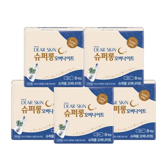깨끗한나라 디어스킨 에어엠보 생리대, 슈퍼롱 오버나이트, 8개입, 5팩