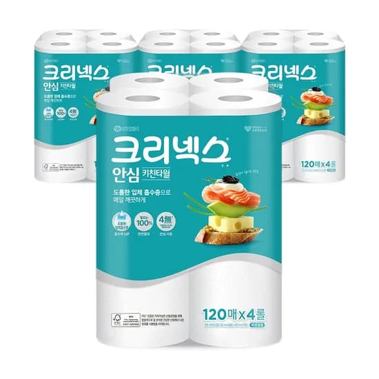 크리넥스 안심 키친타월 2겹 120매 4롤 4팩 크리넥스 안심 키친타월 2겹 120매 4롤 4팩