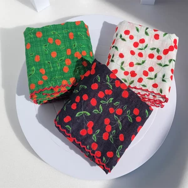 핑크릴리 체리 여성 손수건 세트 아사면 화이트+그린+네이비 54x54cm 3매입