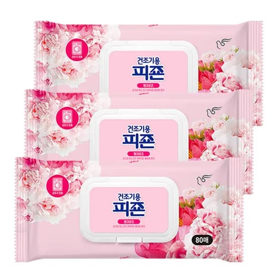 피죤 건조기시트 섬유유연제 핑크로즈 80매 3개