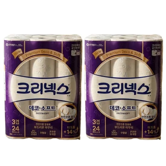크리넥스 데코&소프트 3겹 28m 24롤 2팩 38,400원