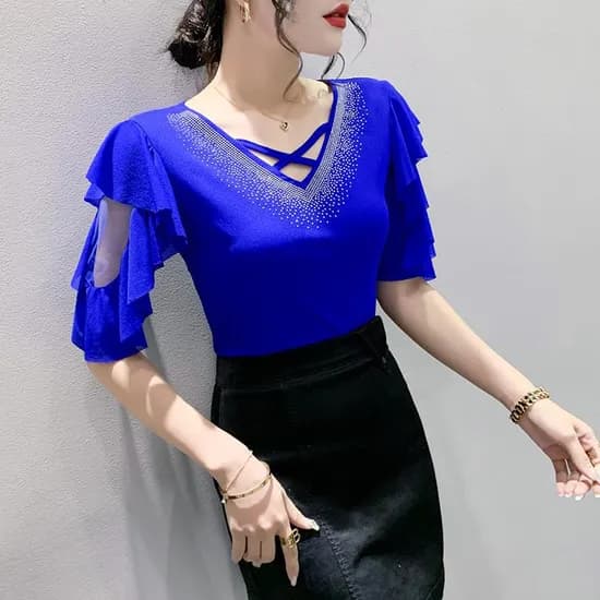 여성 라인댄스복 상의, 블루, 2XL, 1개