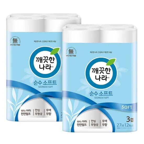 깨끗한나라 순수 소프트, 3겹, 27m, 12롤, 2팩