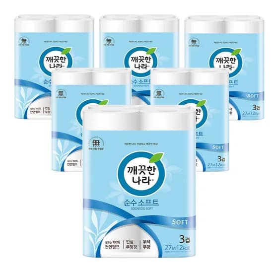 깨끗한나라 순수 소프트, 3겹, 27m, 12롤, 6팩