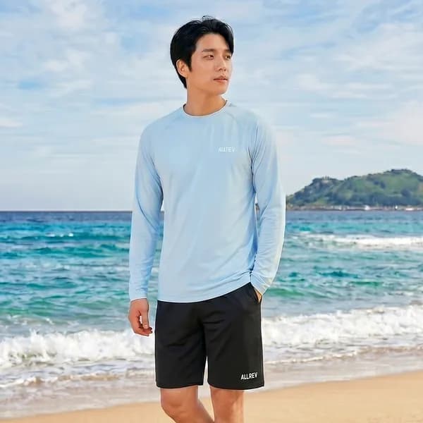 올레브 남성 래쉬가드 상하세트 이너팬티 내장 보드숏 반바지 수영복 셋업 스카이블루+블랙 L 1세트
