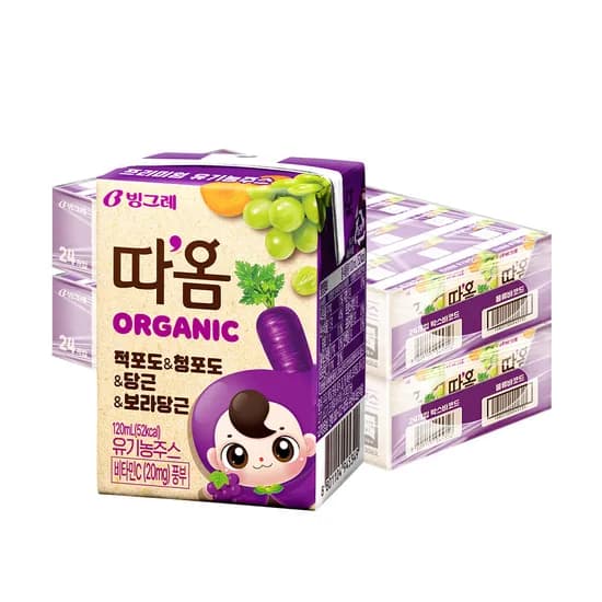 빙그레 따옴 유기농주스 적포도&청포도&당근&보라당근, 120ml, 48개