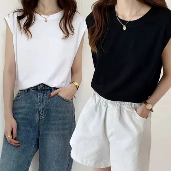 심플 베이직 라운드 민소매 티셔츠 화이트·블랙 M 2장 8,900원