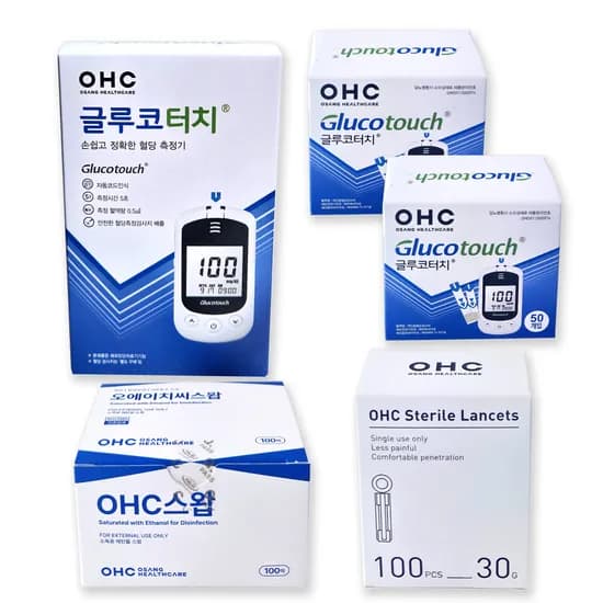 OHC 글루코터치 혈당측정기 풀세트 시험지 100매 채혈침 100개 알콜솜 100매 1세트